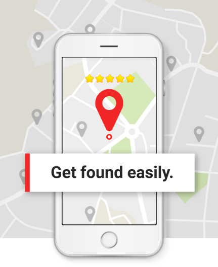 Phone showing a map pin with five-star reviews — get found easily